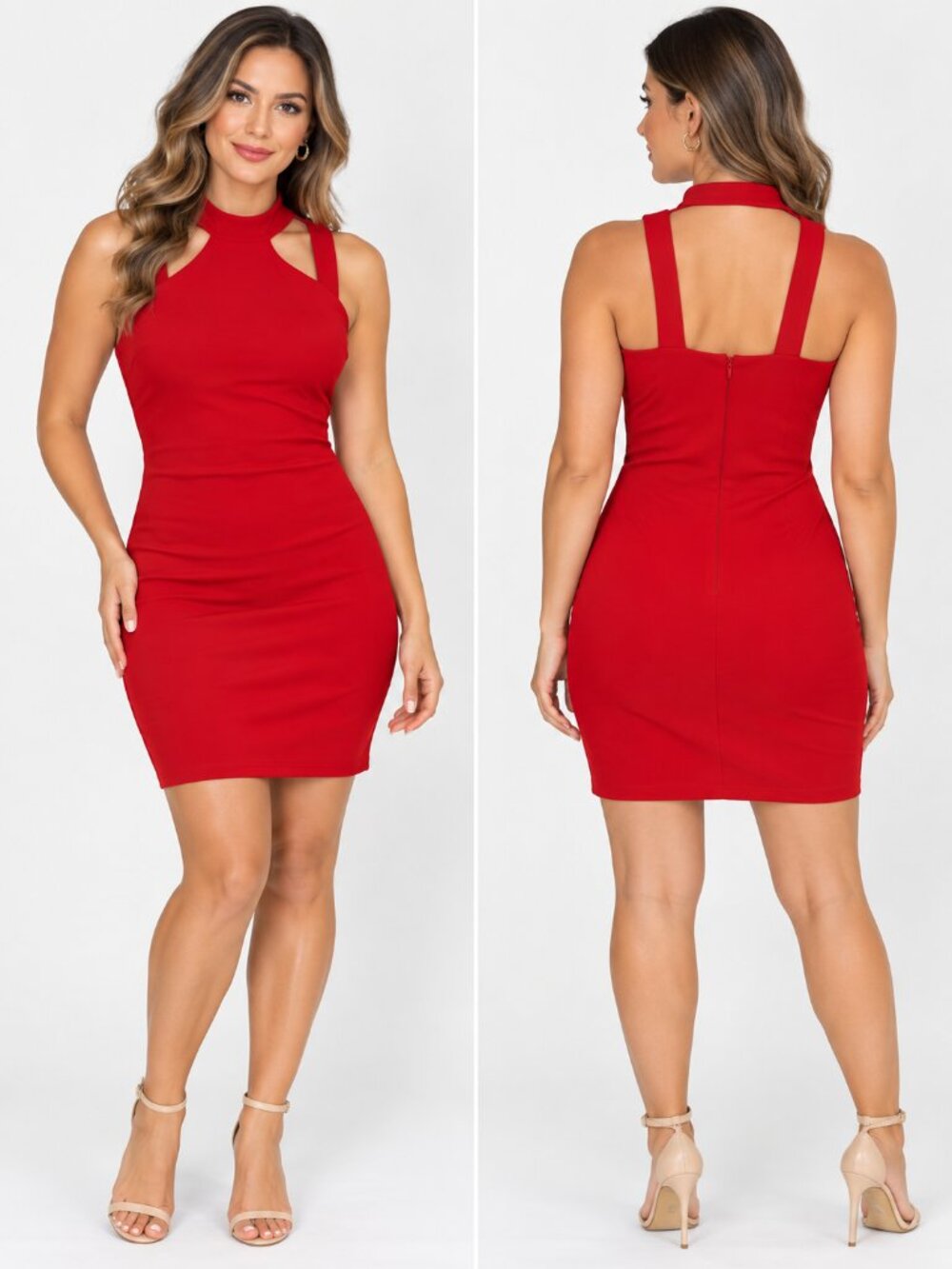 bebe Red Halter Neck Cutout Bodycon Mini Dress Size 12